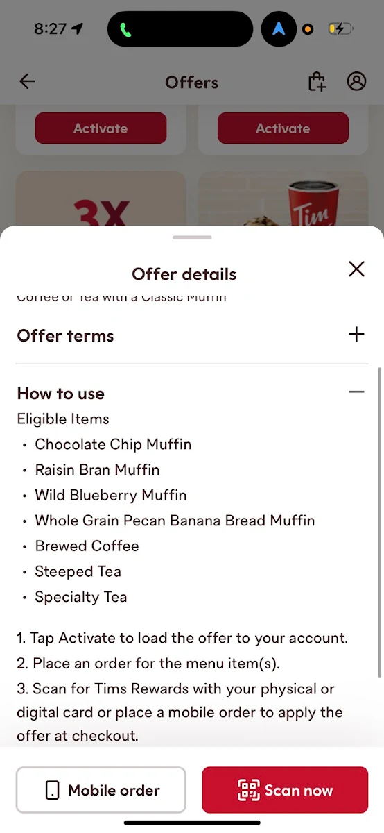 Menu, Tim Hortons