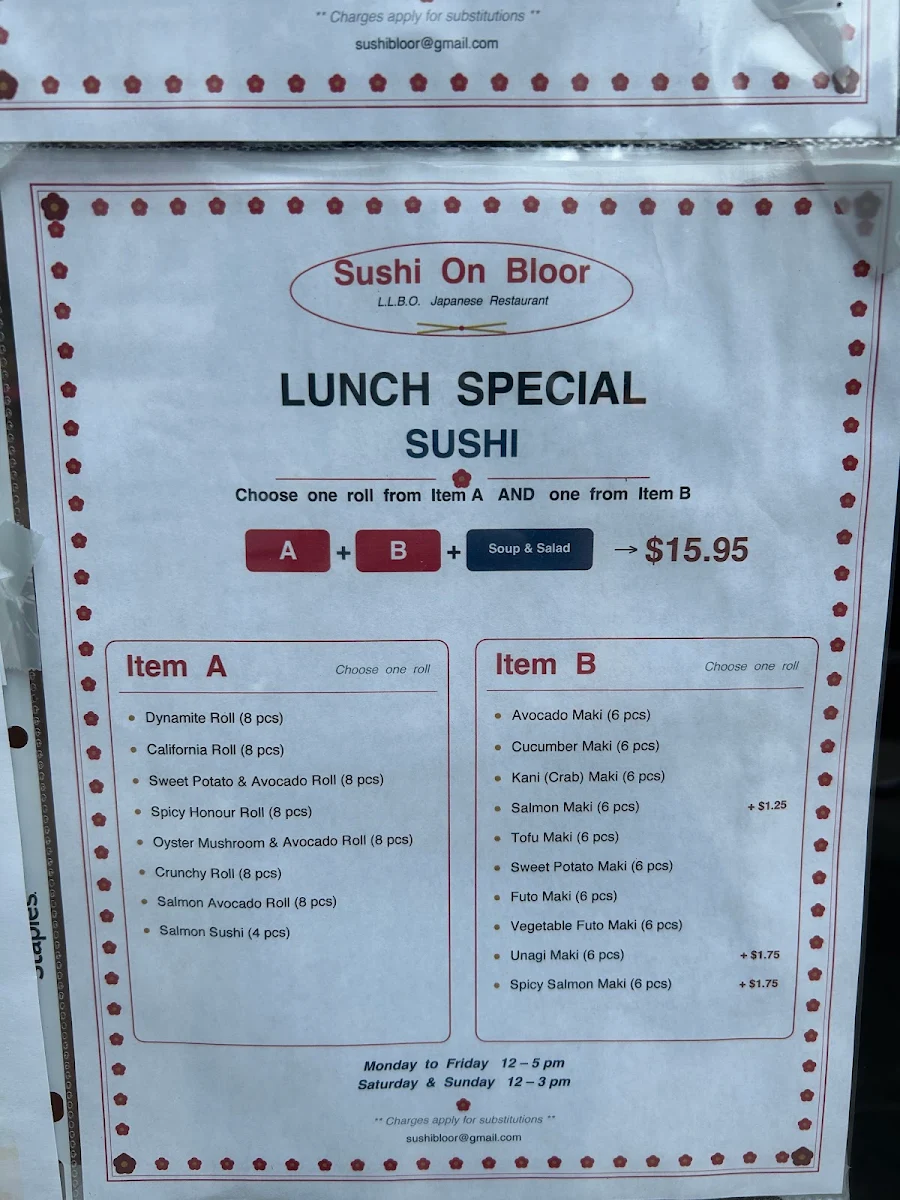 Menu, Sushi on Bloor