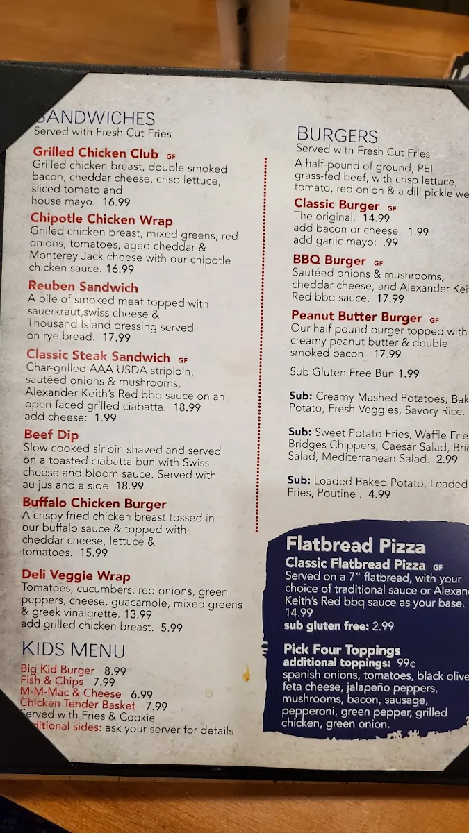 Menu, Five Bridges Bar & Grill