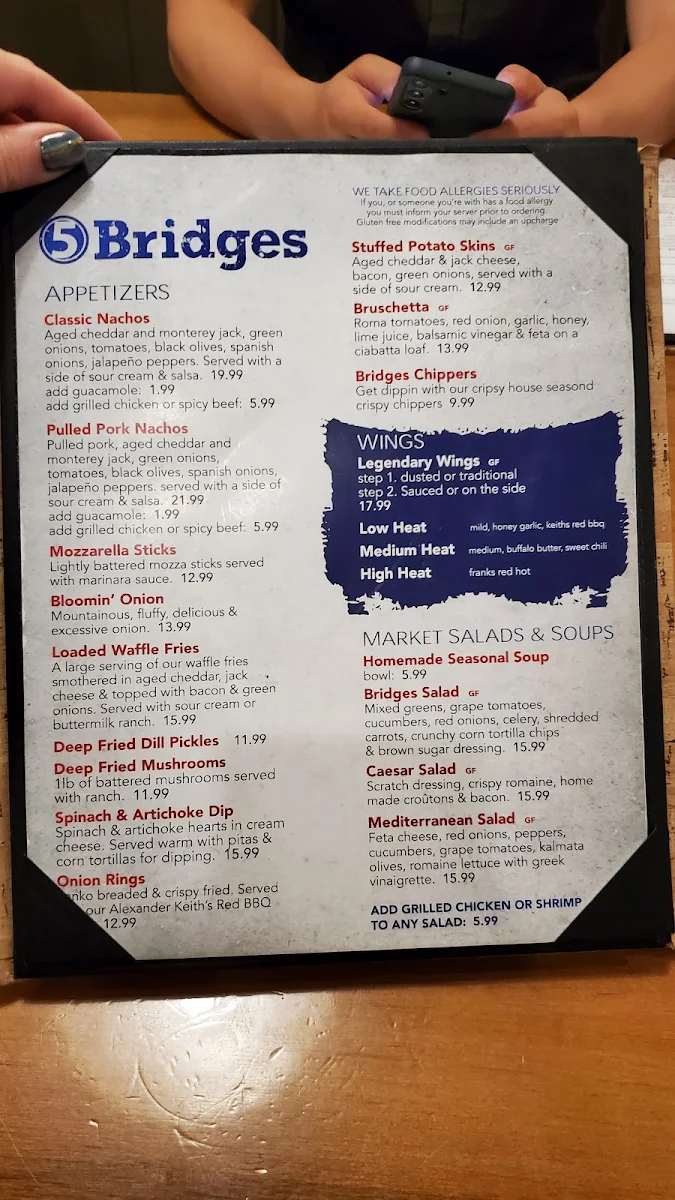 Menu, Five Bridges Bar & Grill