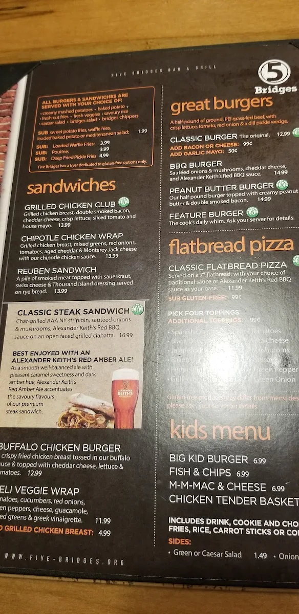 Menu, Five Bridges Bar & Grill