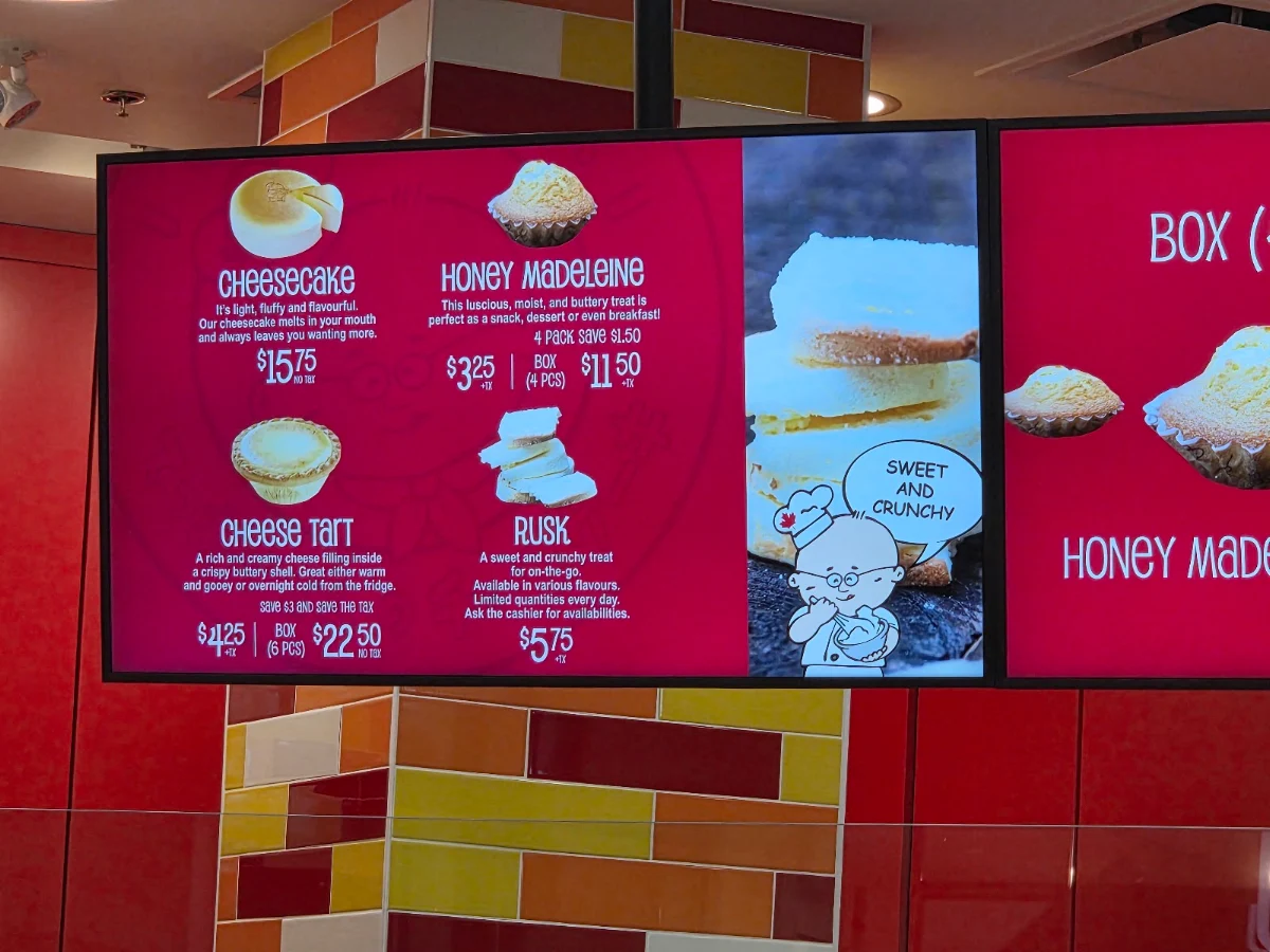 Menu, Uncle Tetsu's Japanese Cheesecake, Halifax Shopping Centre