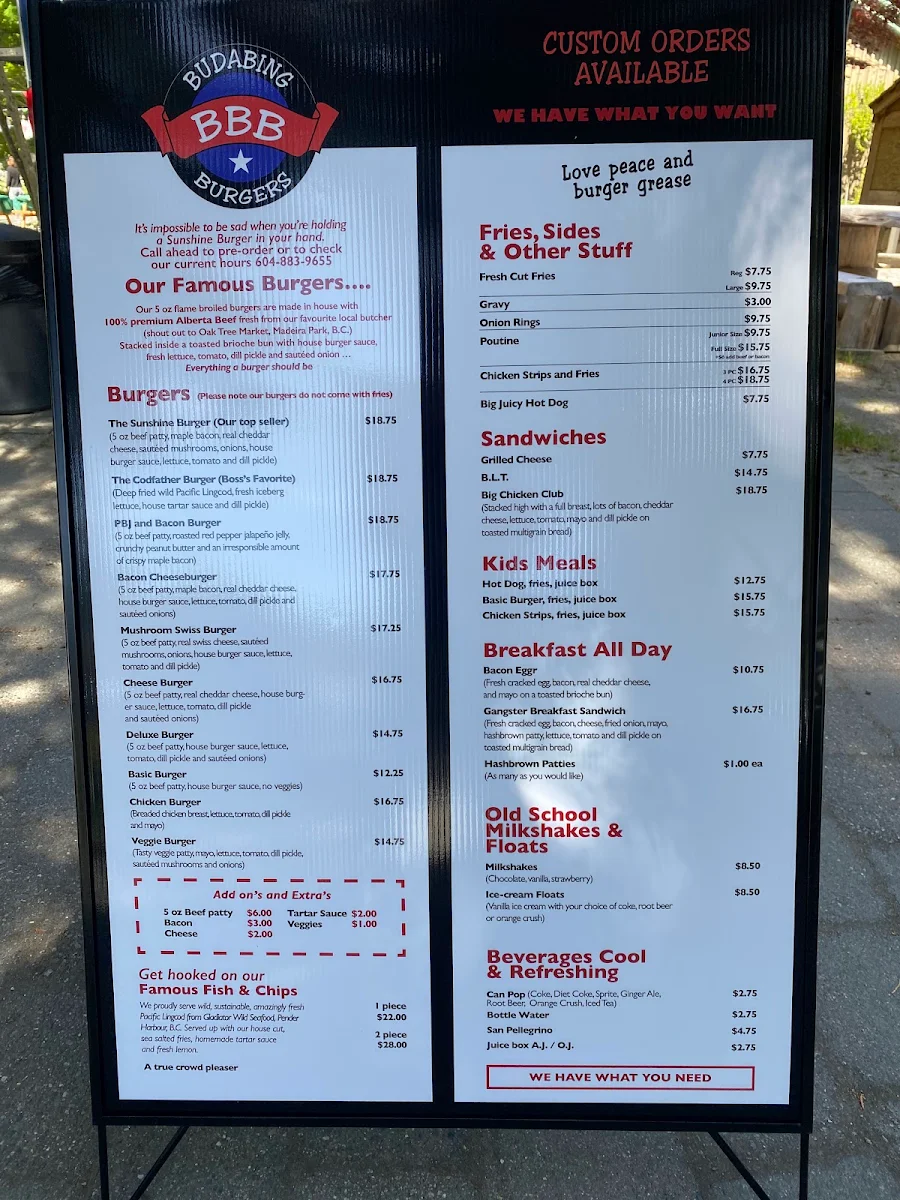 Menu, Triple B’s Burger Shack