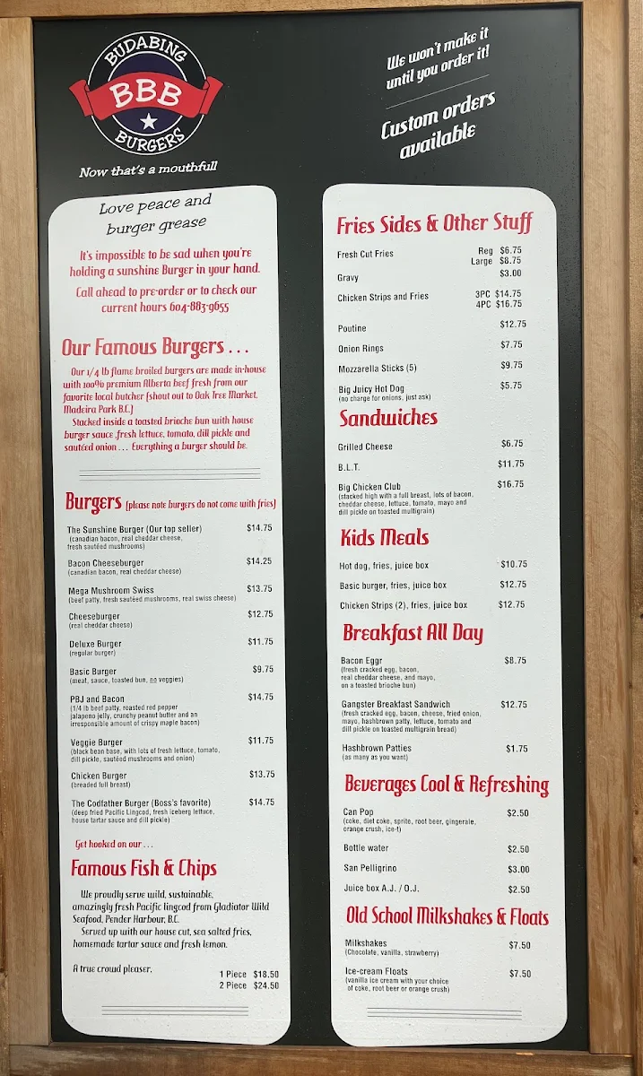 Menu, Triple B’s Burger Shack