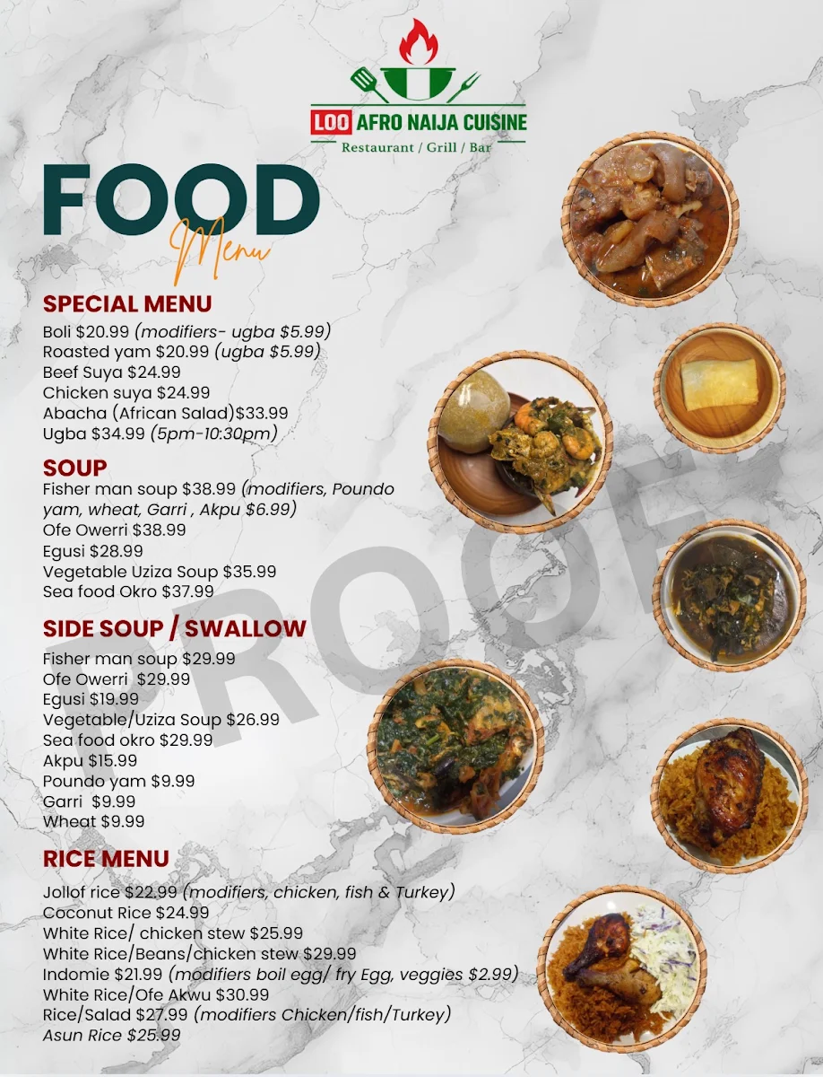 Menu, LOO AFRO NAIJA CUISINE LTD