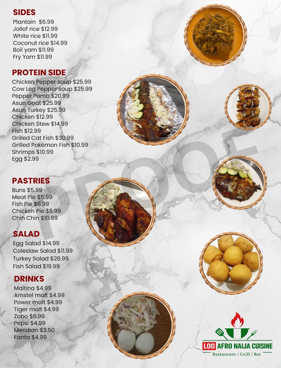 Menu, LOO AFRO NAIJA CUISINE LTD