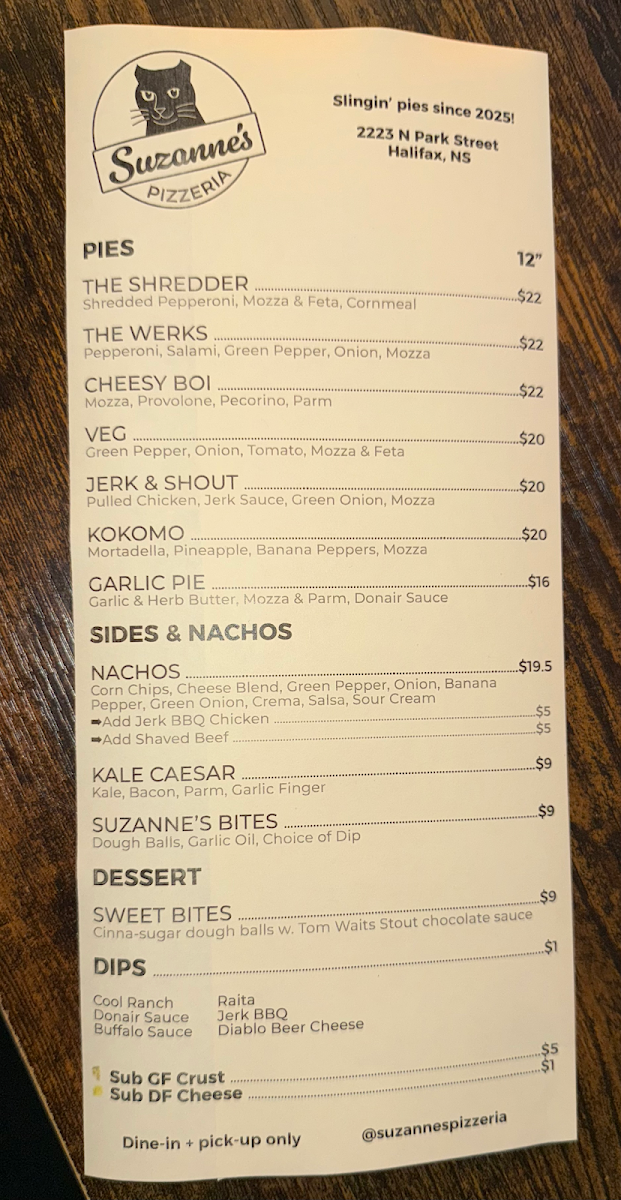 Menu, Suzanne's Pizzeria