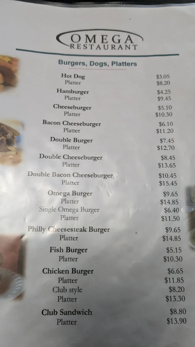 Menu, Omega Restaurant Ltd