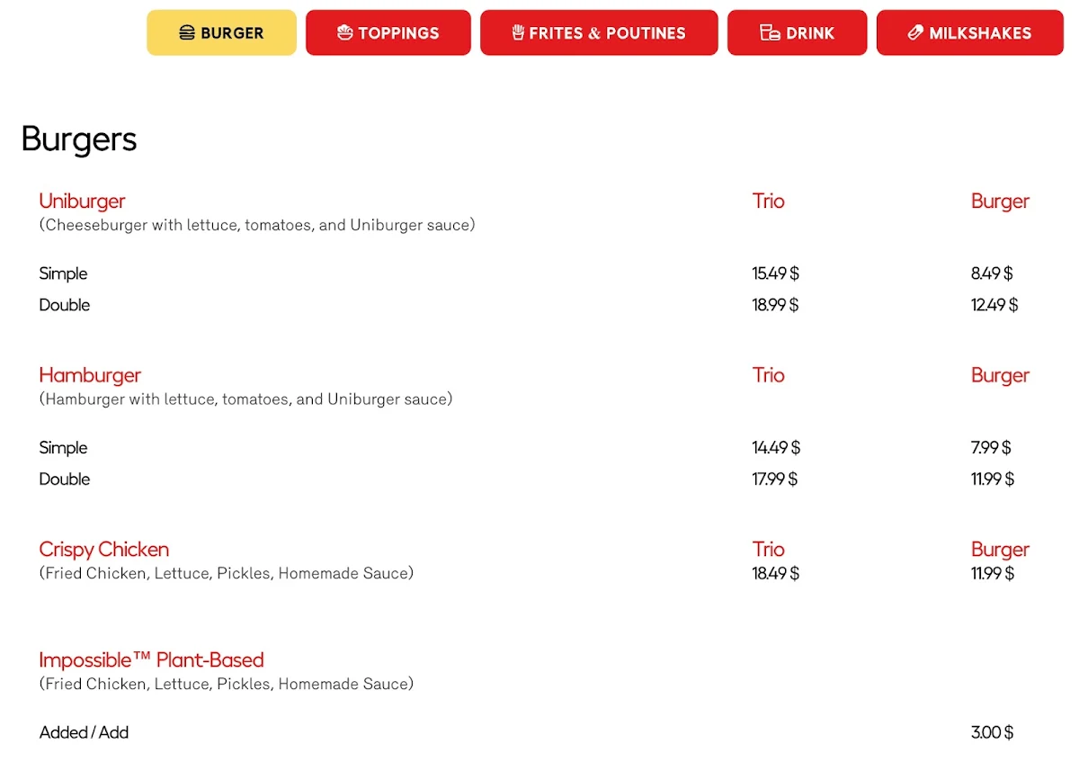 Menu, Uniburger