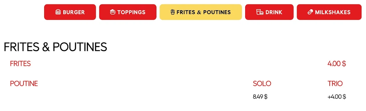 Menu, Uniburger