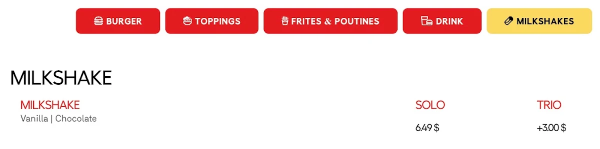 Menu, Uniburger
