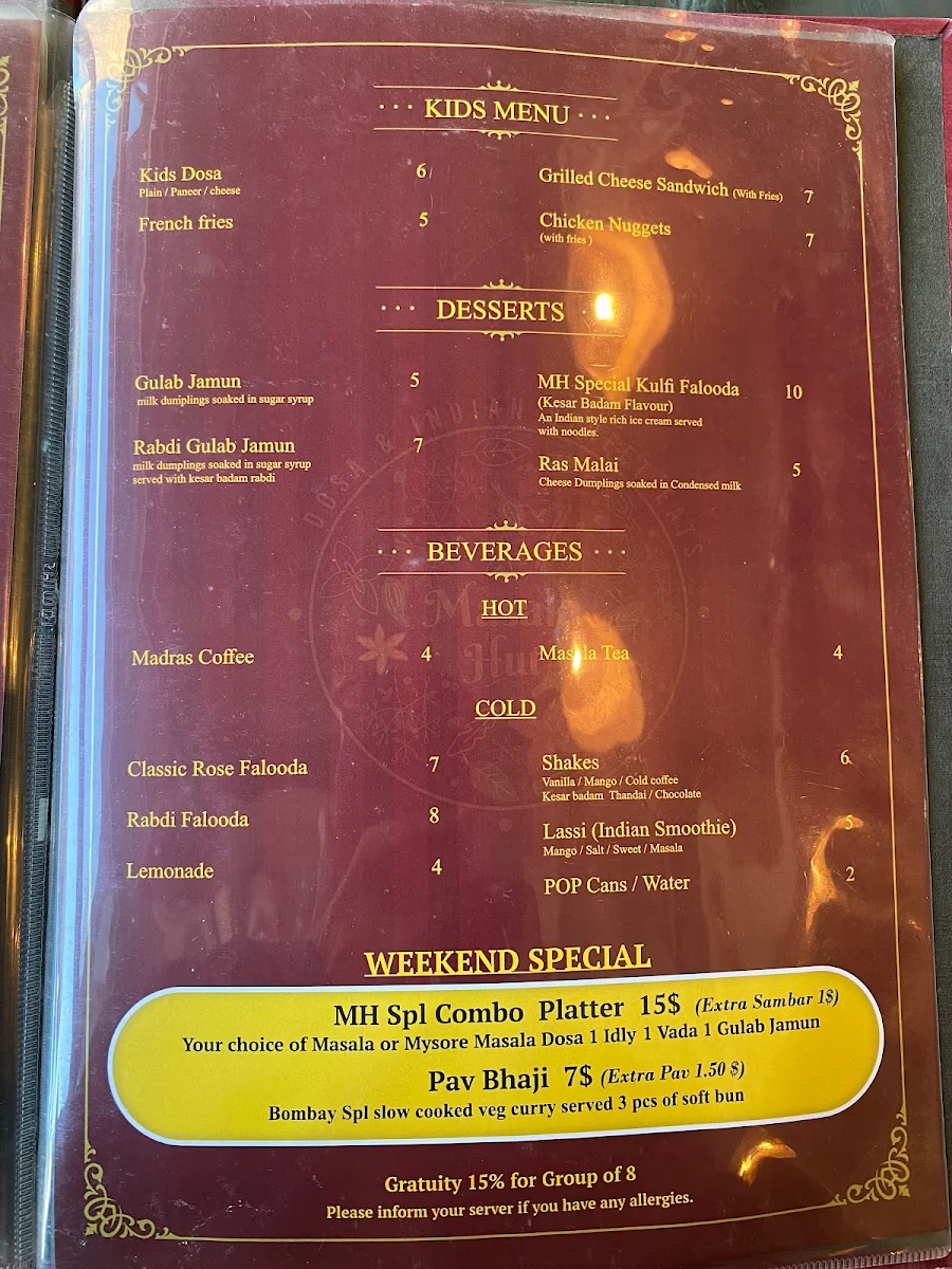 Menu, Masala Hut [Dosa & Indian street eats]