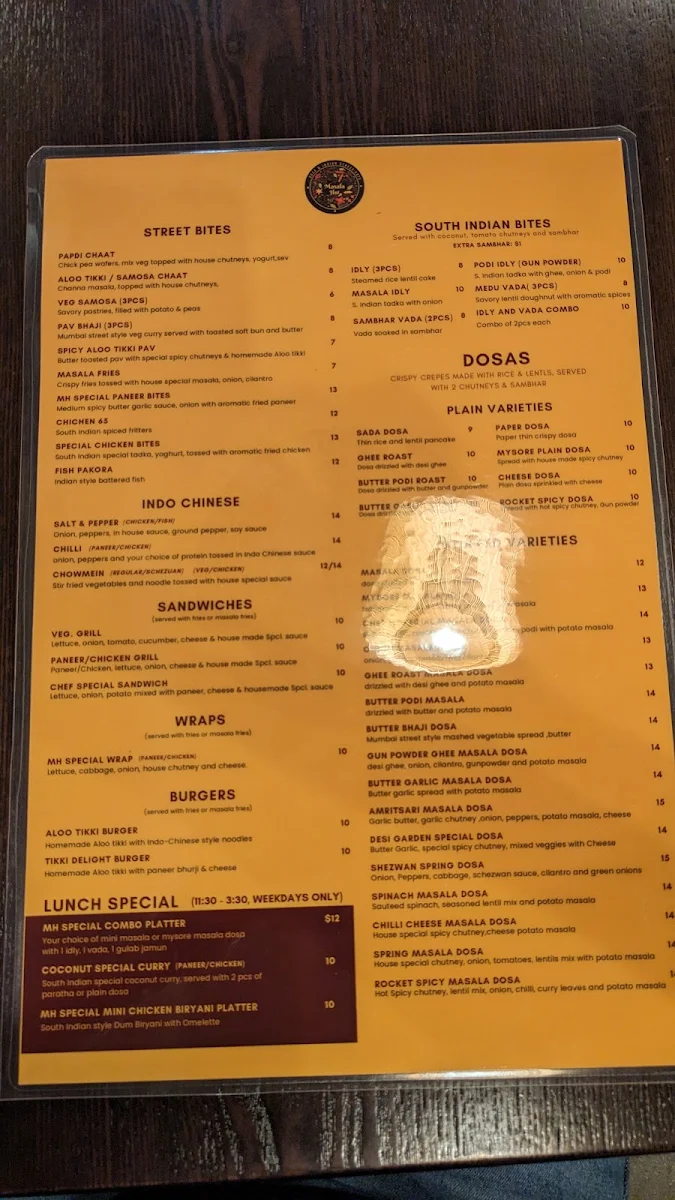 Menu, Masala Hut [Dosa & Indian street eats]