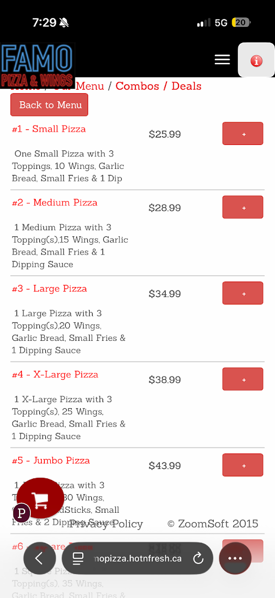 Menu, Famo Pizza and Wings