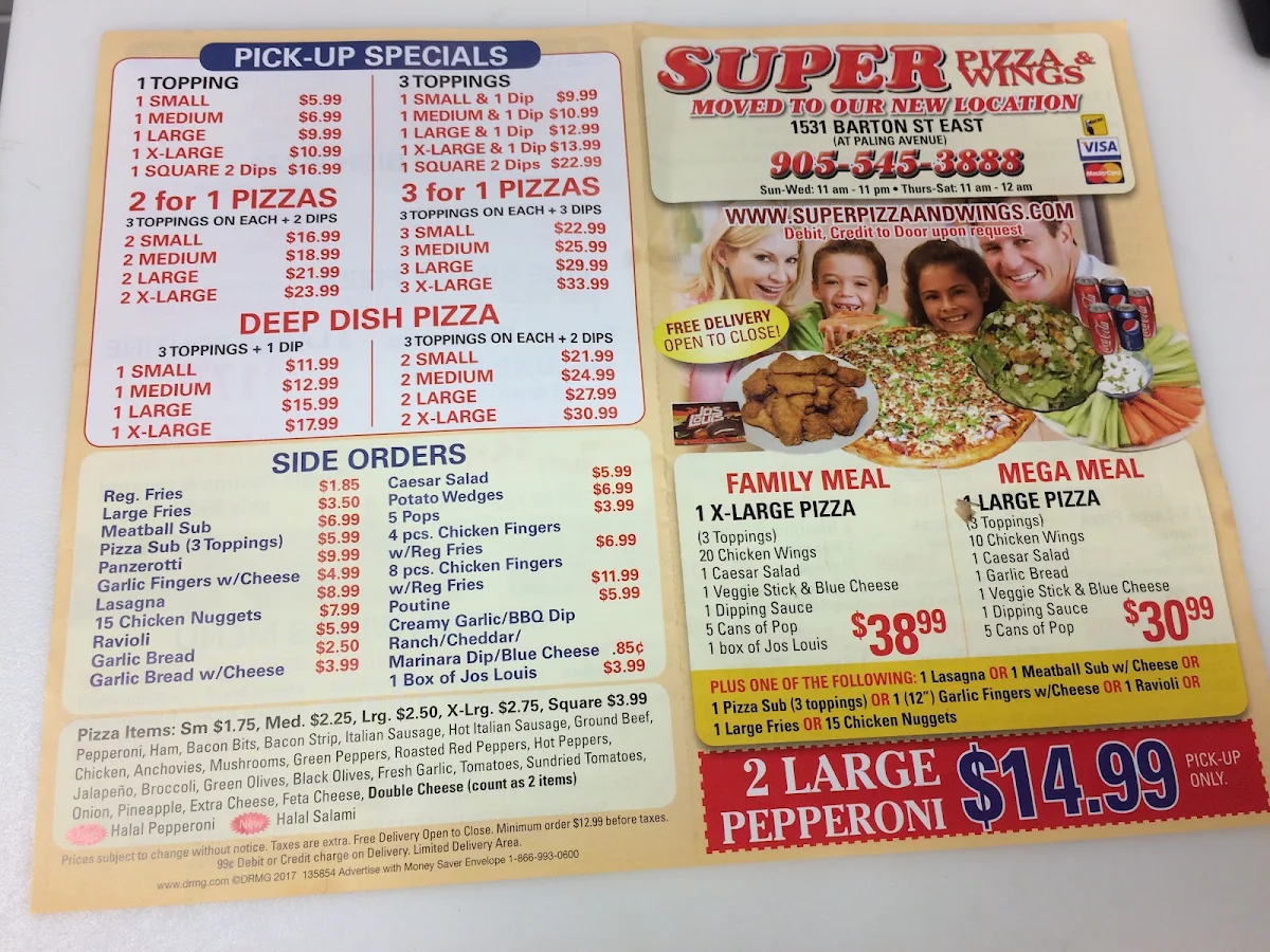 Menu, Super Pizza & Wings