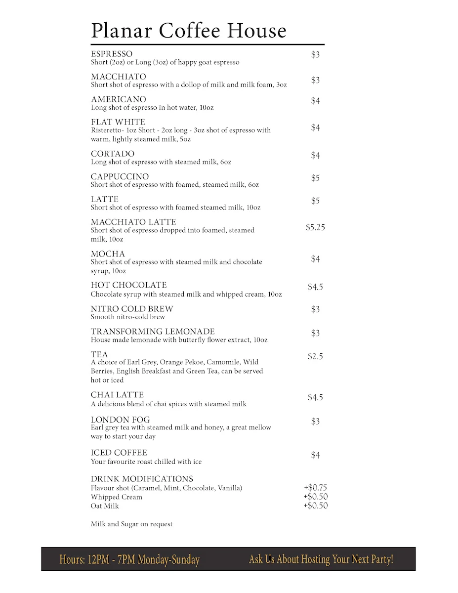 Menu, Wizard's Tower Café