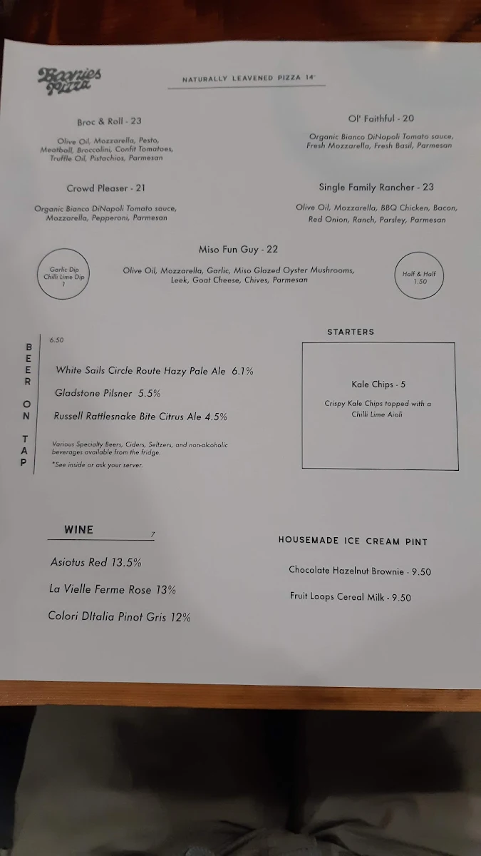 Menu, Boonies Pizza Comox