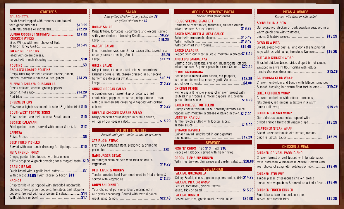 Menu, Apollo's Pizzeria