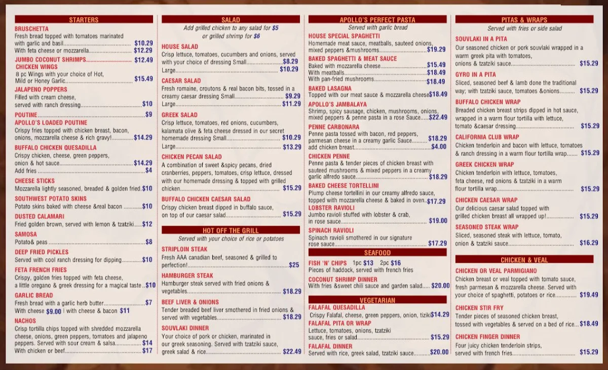 Menu, Apollo's Pizzeria