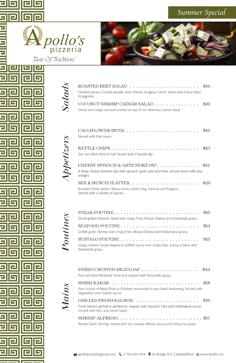 Menu, Apollo's Pizzeria