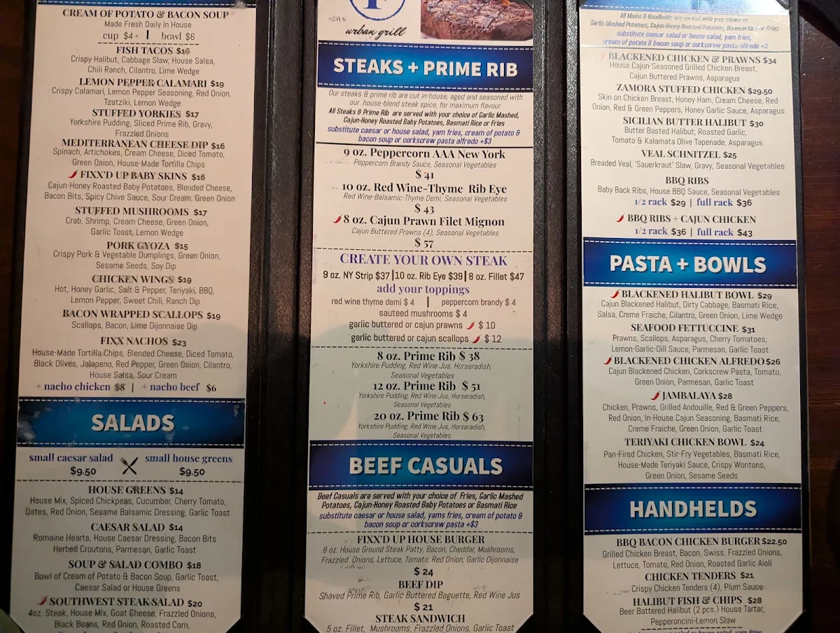 Menu, Fixx Urban Grill