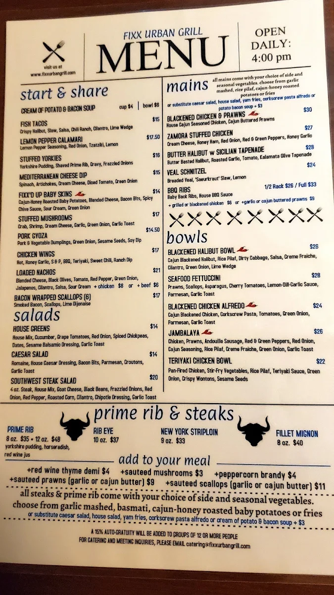 Menu, Fixx Urban Grill