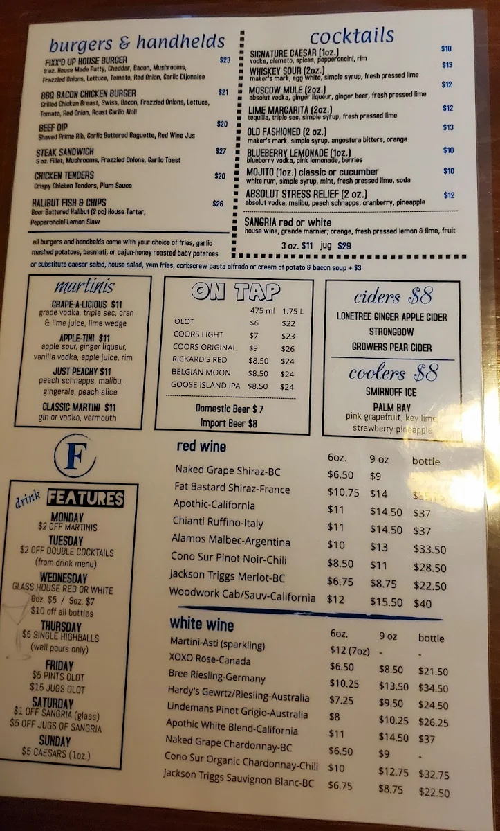 Menu, Fixx Urban Grill