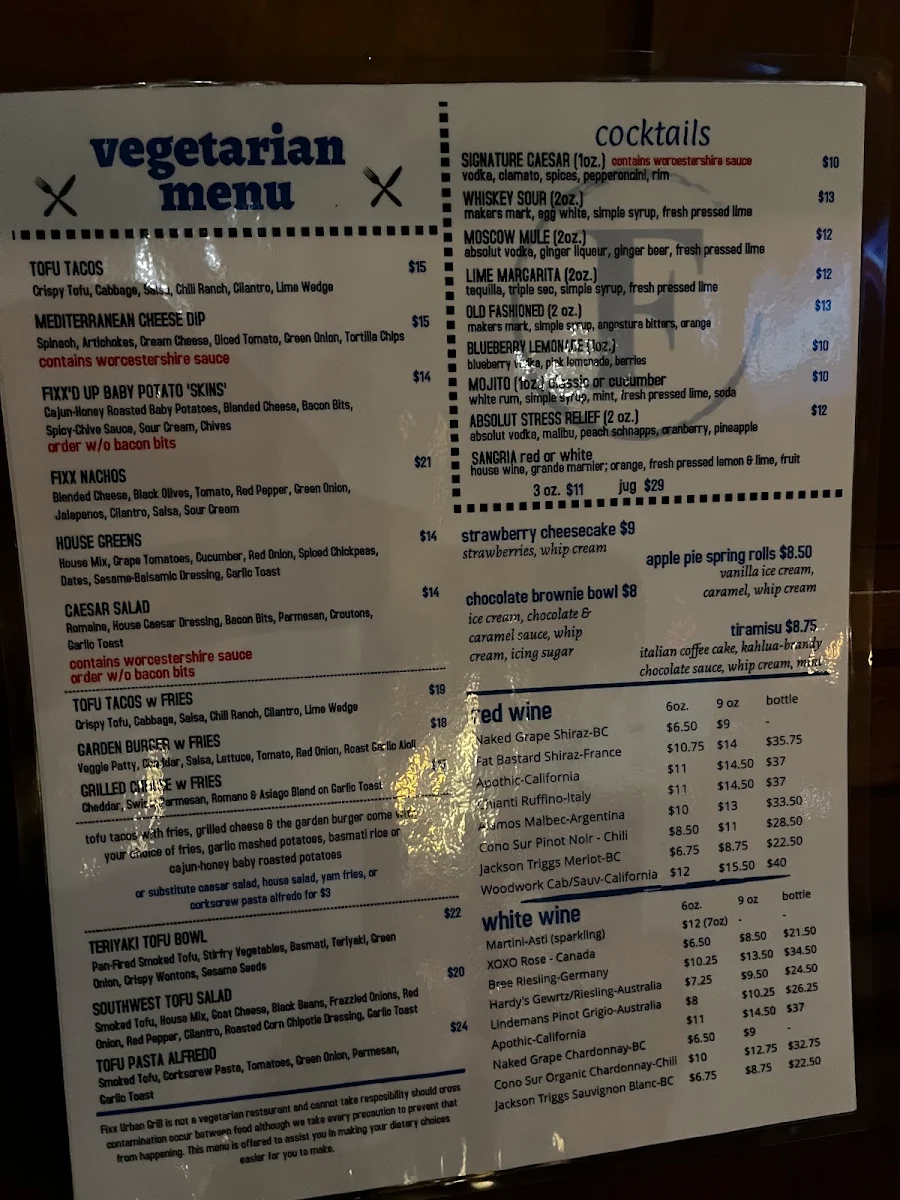 Menu, Fixx Urban Grill