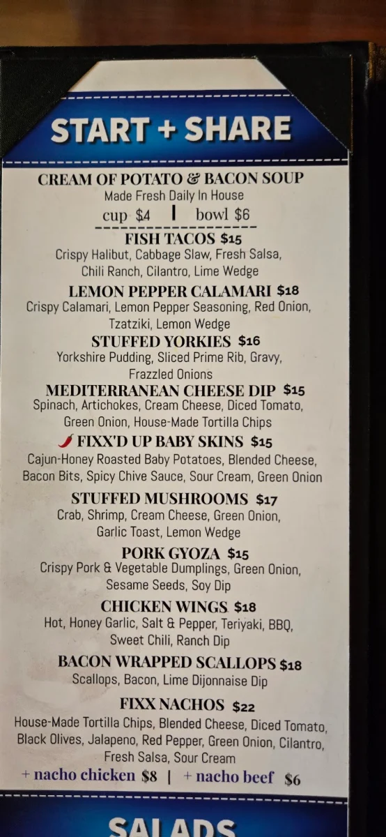 Menu, Fixx Urban Grill