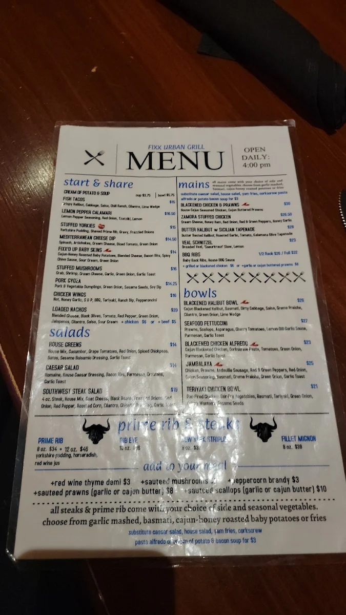 Menu, Fixx Urban Grill