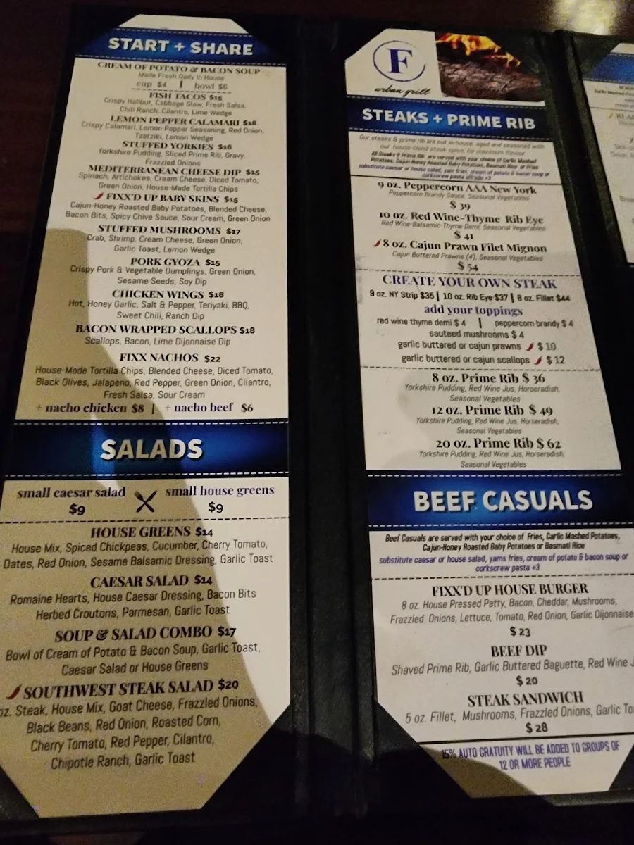 Menu, Fixx Urban Grill
