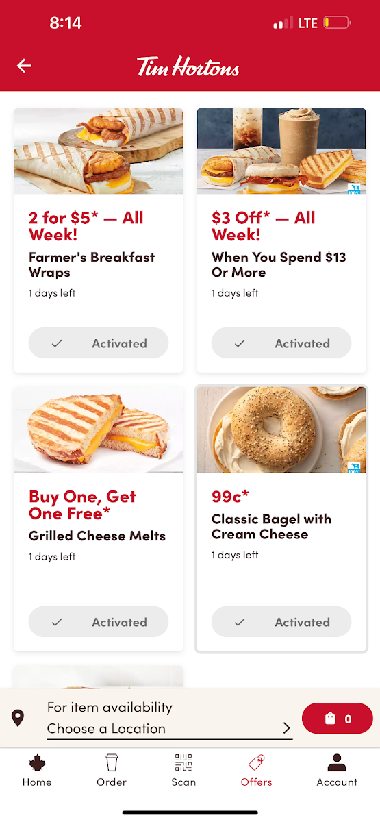 Menu, Tim Hortons