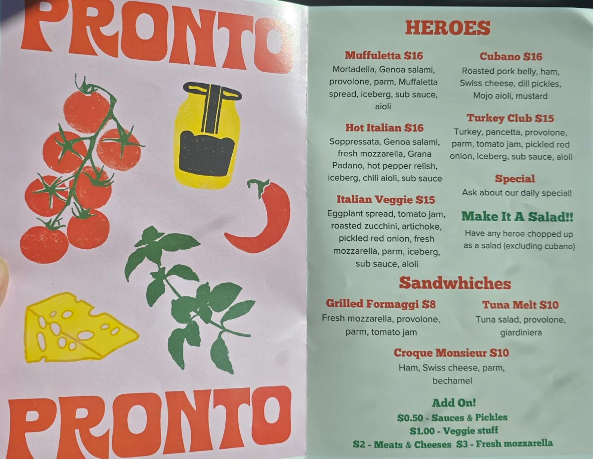Menu, PRONTO Sandwiches