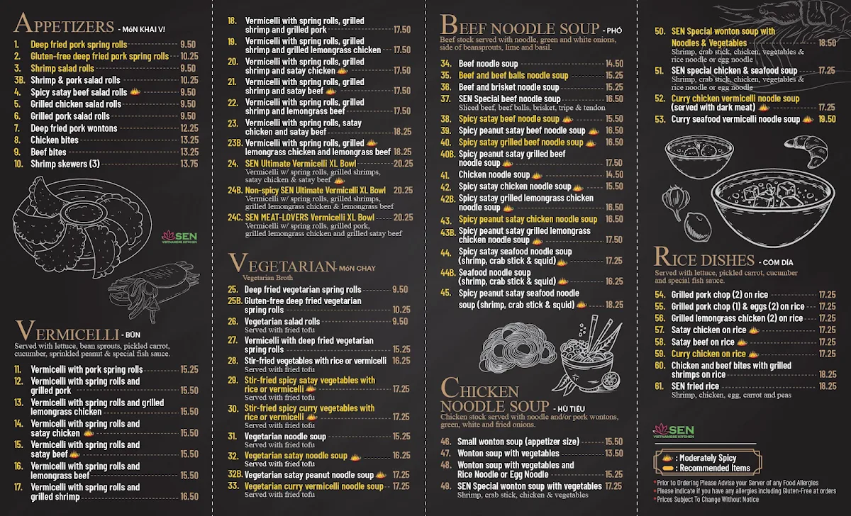 Menu, SEN Vietnamese Kitchen