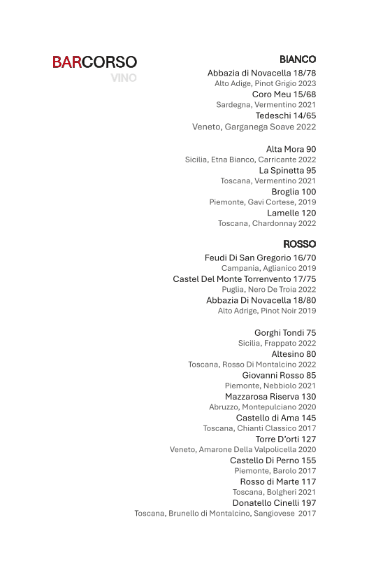 Menu, Bar Corso