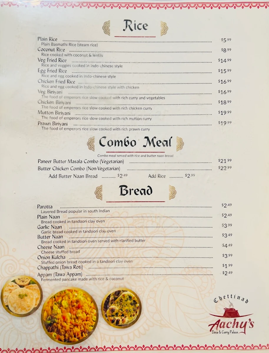 Menu, Aachys Chettinad Dosa And Curry Palace