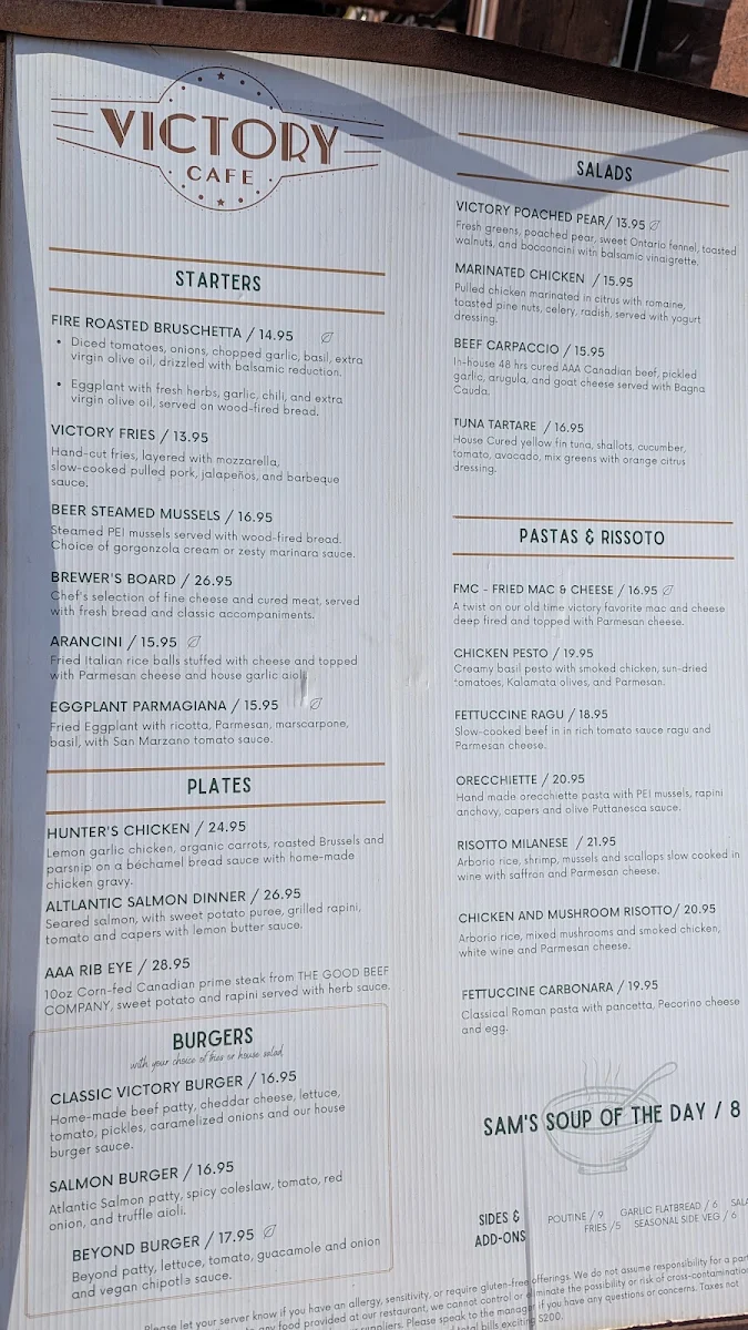 Menu, Victory Cafe