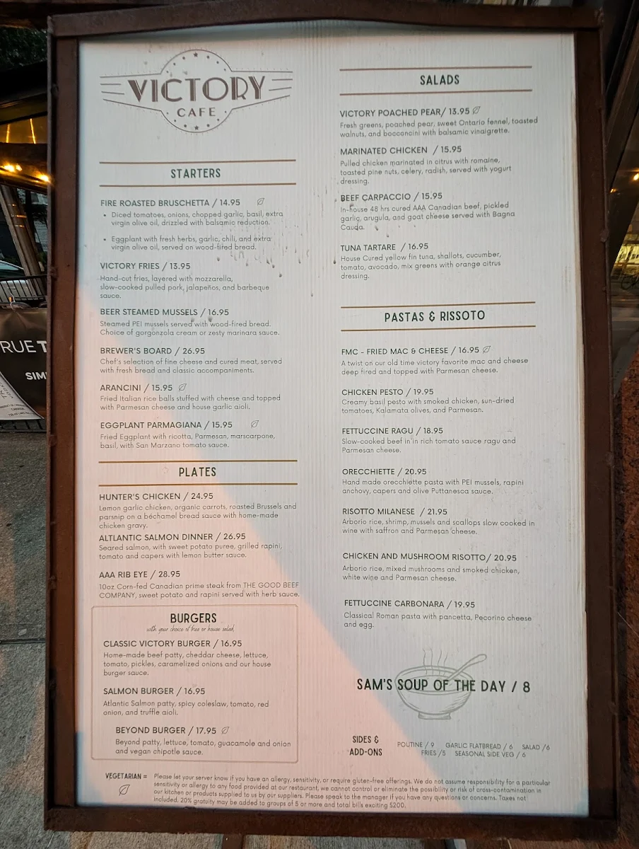 Menu, Victory Cafe