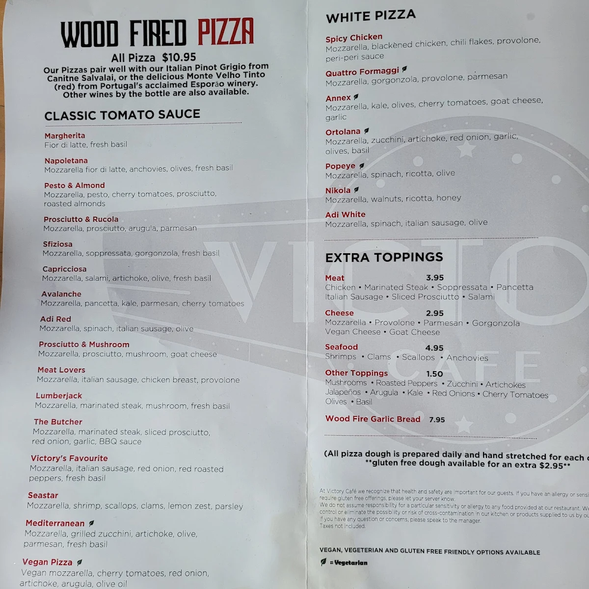 Menu, Victory Cafe