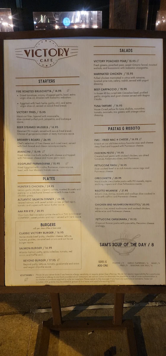 Menu, Victory Cafe
