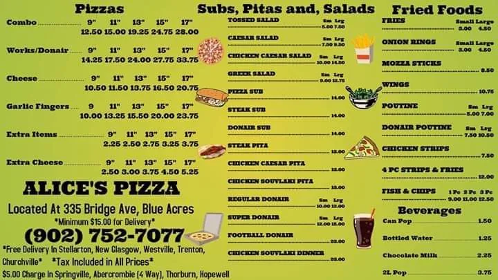 Menu, Alice's Pizza