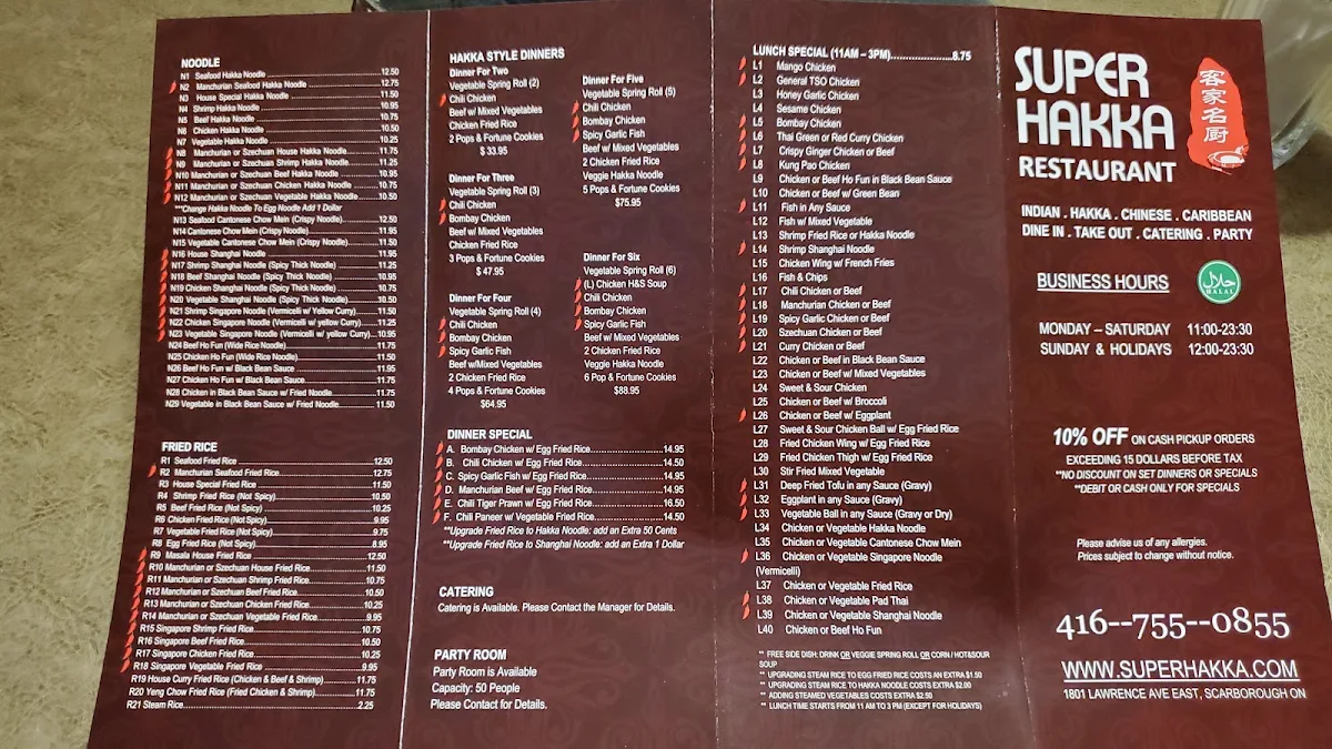 Menu, Super Hakka Restaurant