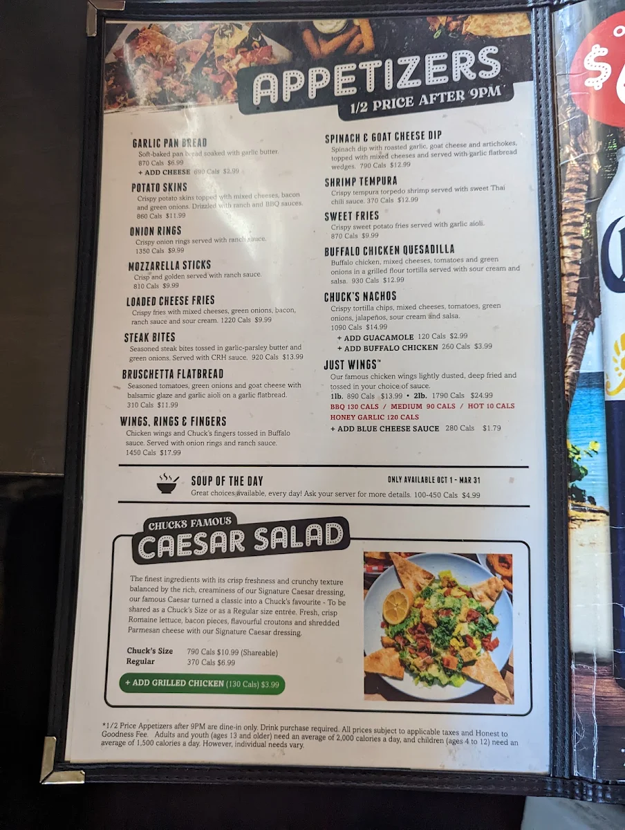 Menu, Chuck's Roadhouse Bar and Grill