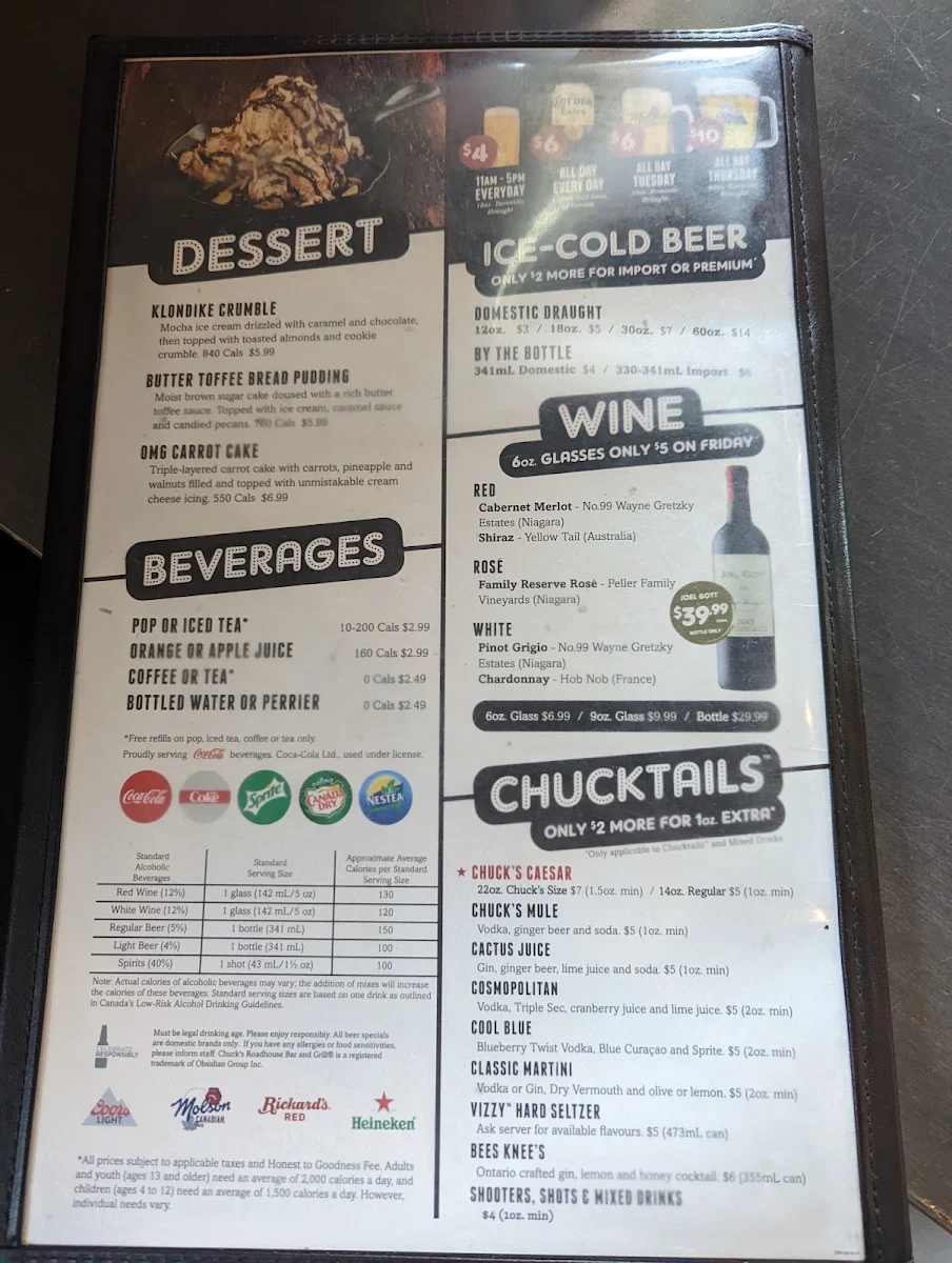 Menu, Chuck's Roadhouse Bar and Grill