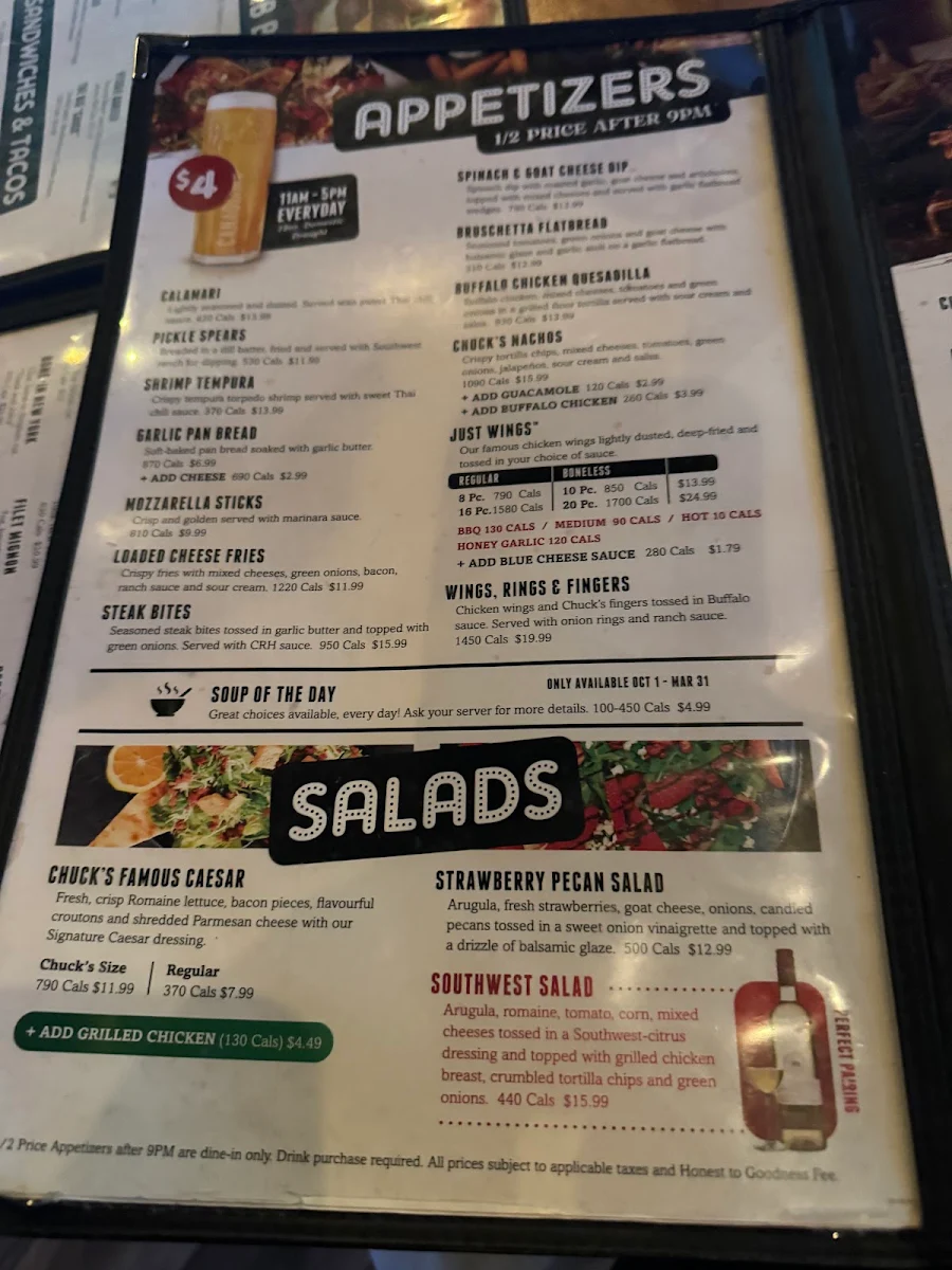 Menu, Chuck's Roadhouse Bar and Grill