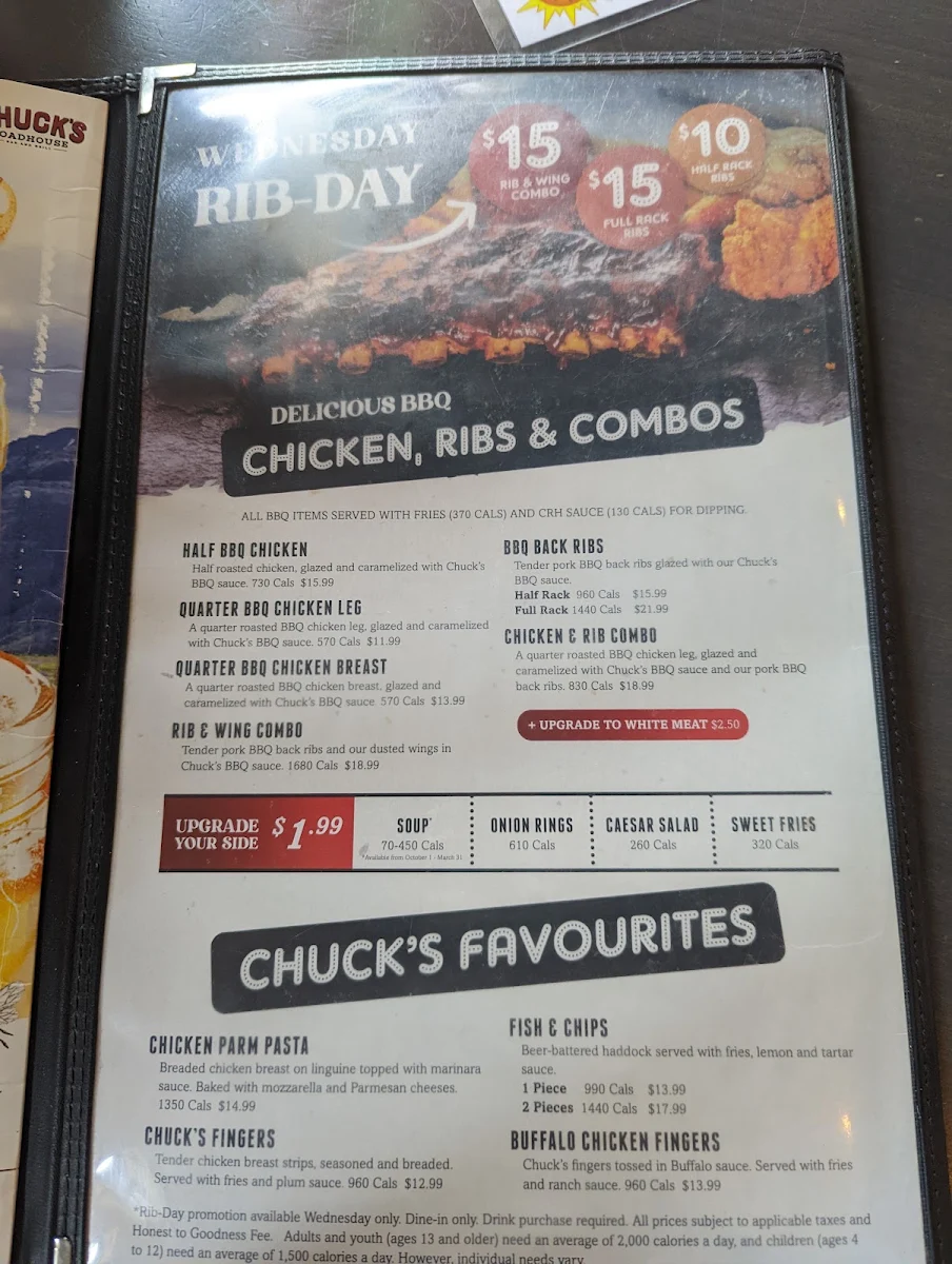 Menu, Chuck's Roadhouse Bar and Grill