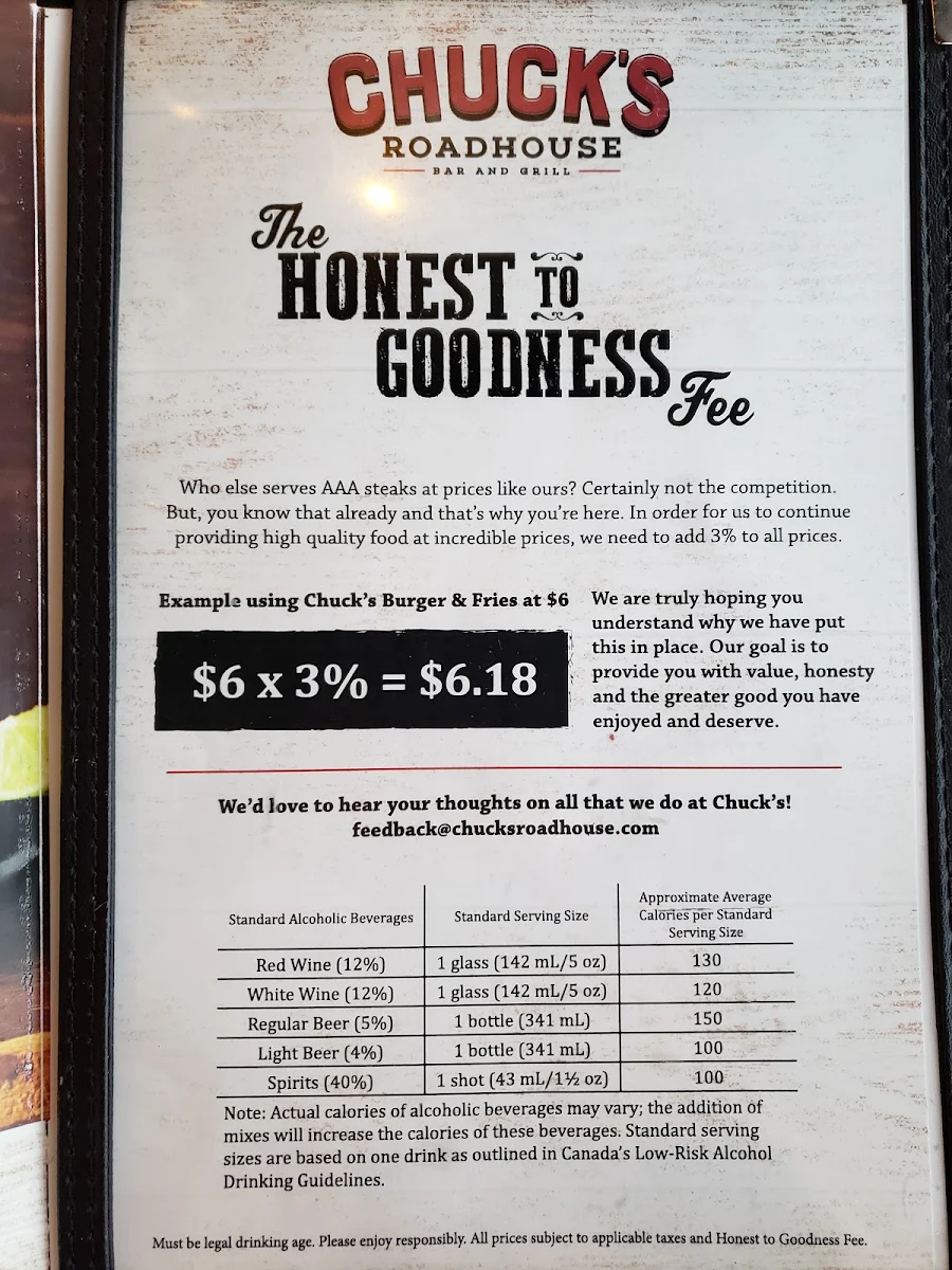 Menu, Chuck's Roadhouse Bar and Grill
