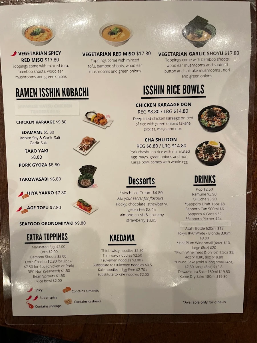 Menu, Ramen Isshin