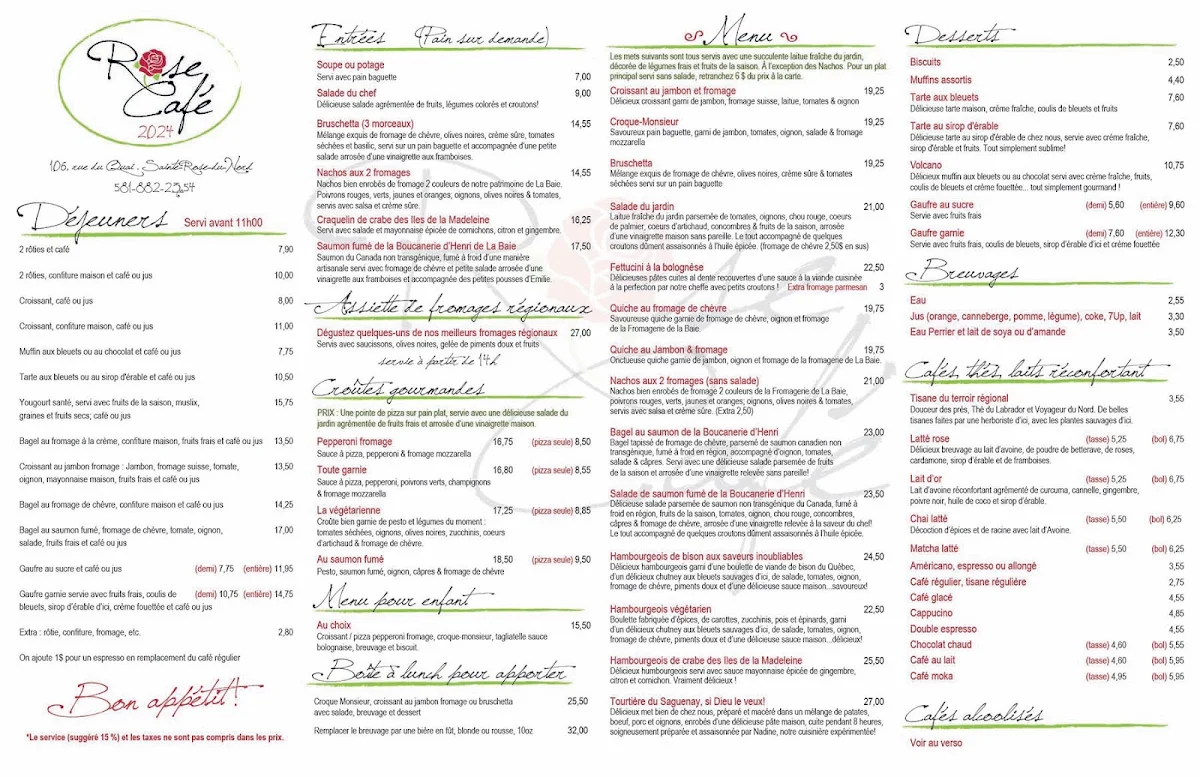 Menu, Rose Café