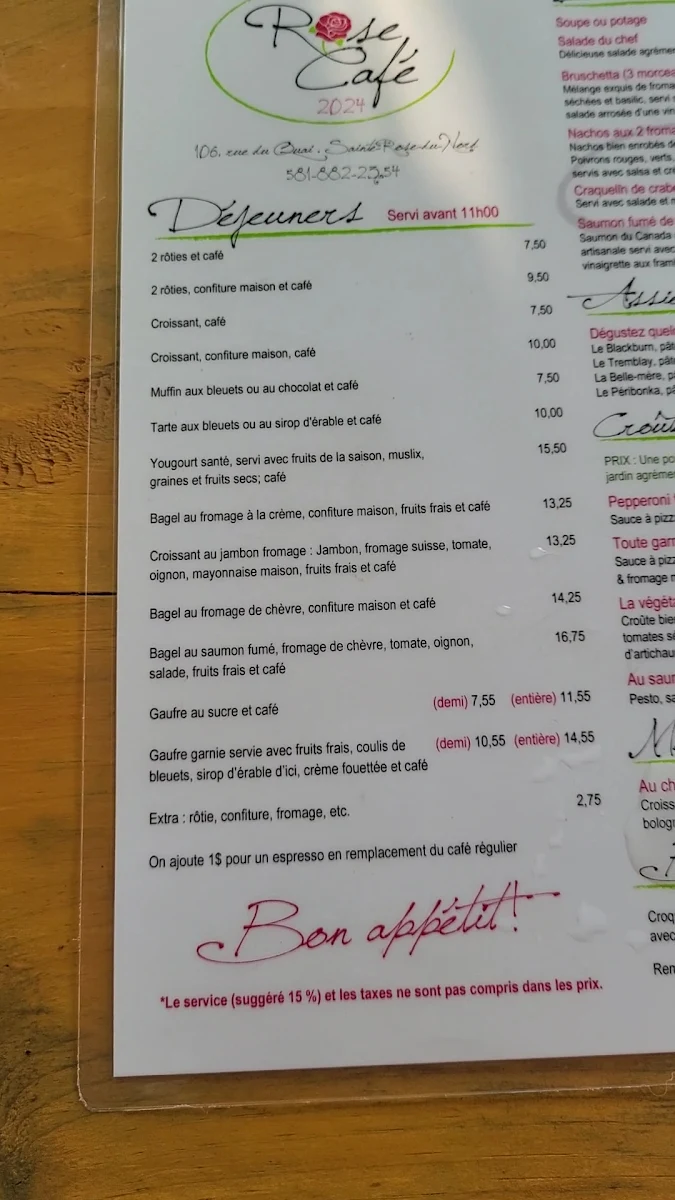Menu, Rose Café